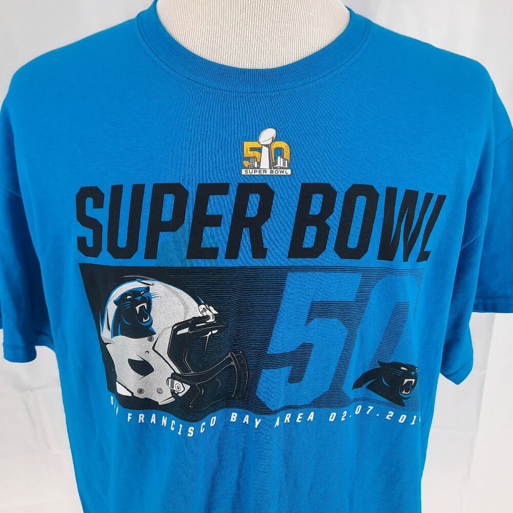 NFL Carolina Panthers Super Bowl 50 Blue T-Shirt Adult Size XL Football Helmet